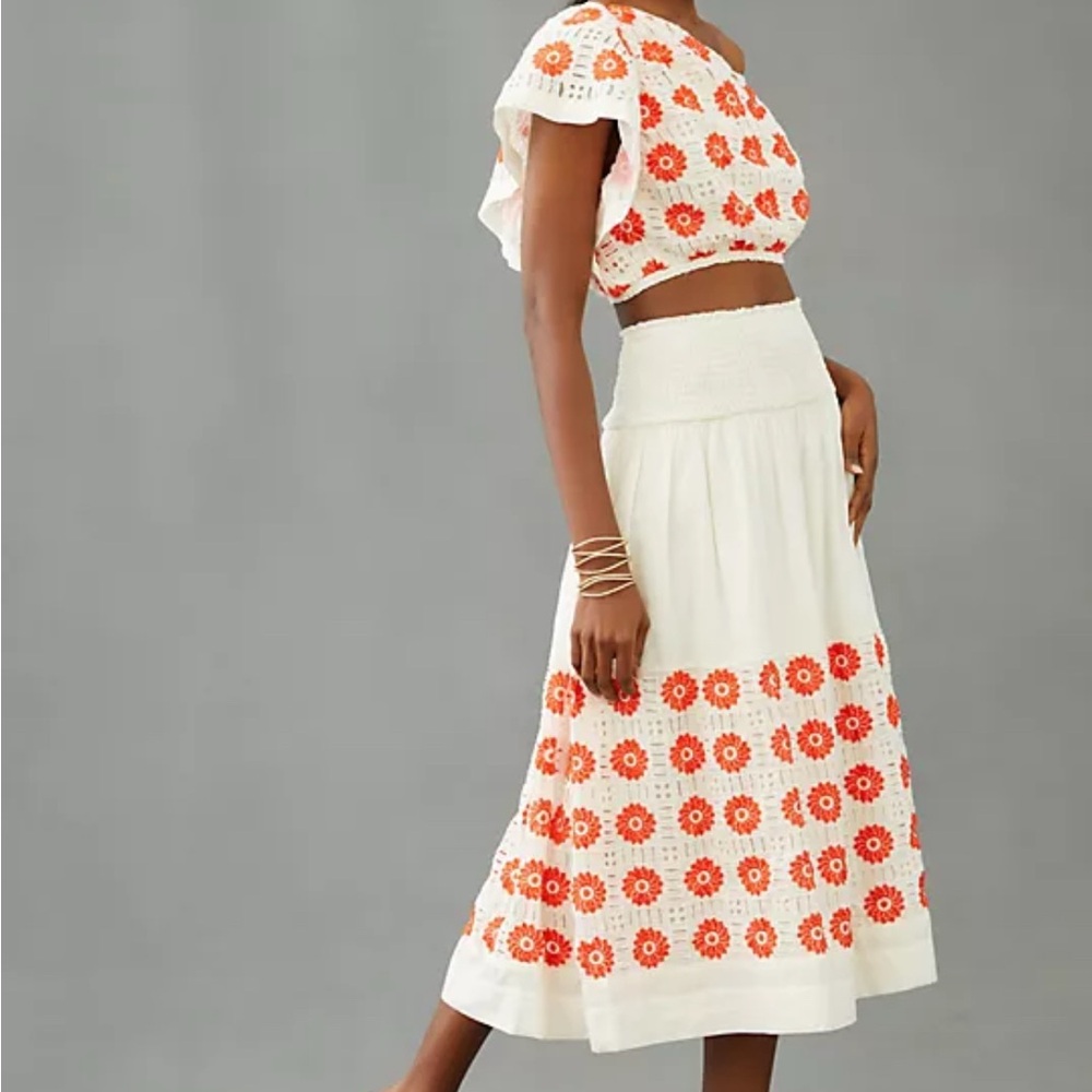 Red and White Smocked A-Line One-Shoulder top and Midi Skirt Set
